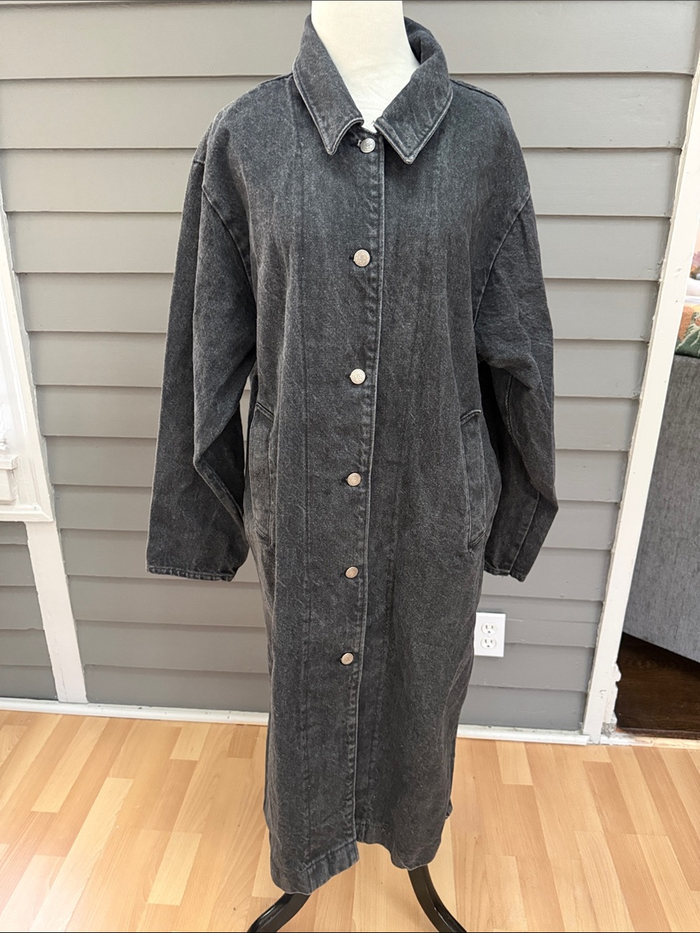 Vintage 80s Avon Fashions Long Black Washed Denim Duster Trench Coat Large